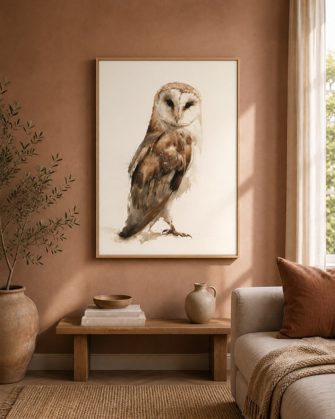 Barn Owl watercolour bird artwork interior view