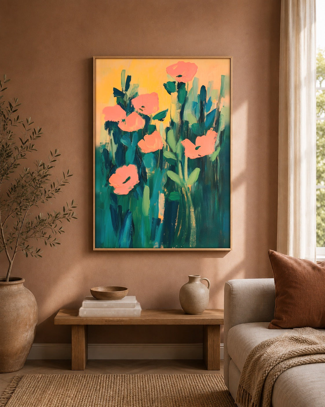 Coral Poppies floral abstract artwork interior view