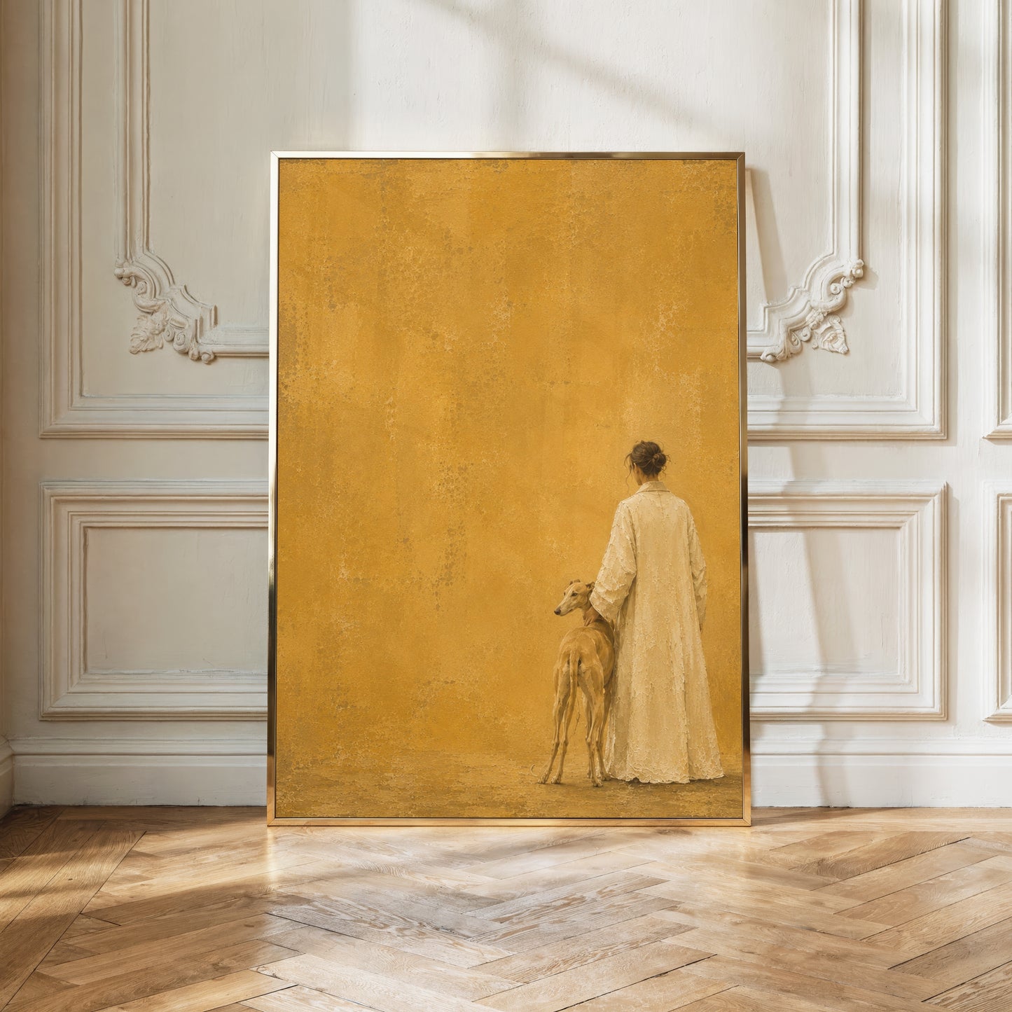 Fine art painting of a woman in a cream robe standing with her greyhound in a field of gold, seen from behind.
