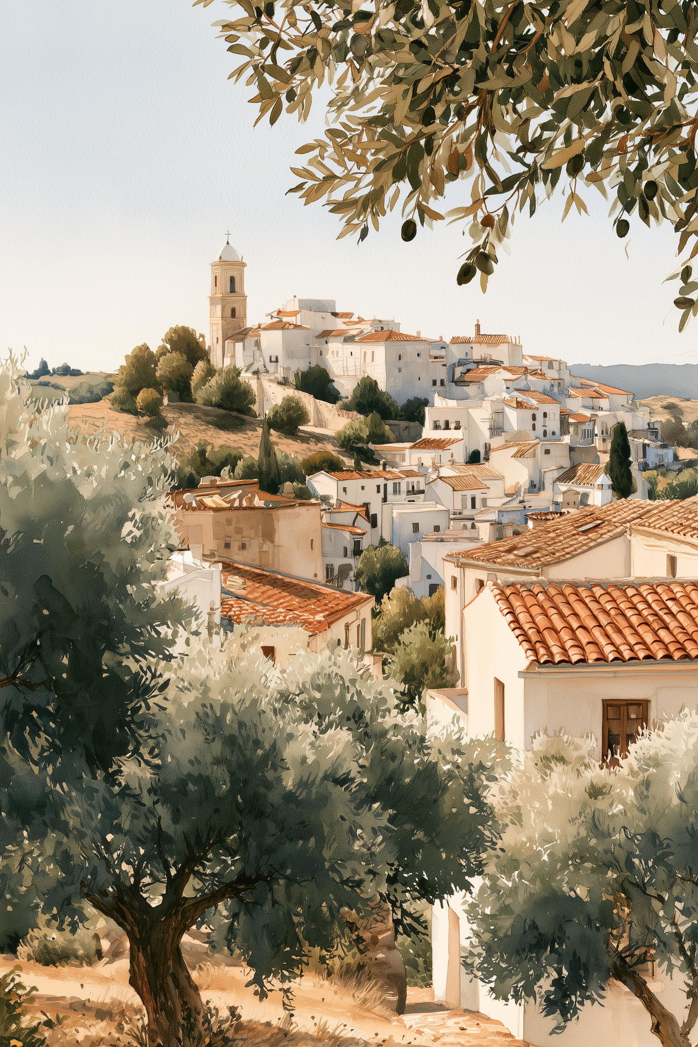 Mediterranean Hilltop Village watercolor wall art print by Daisy & Co