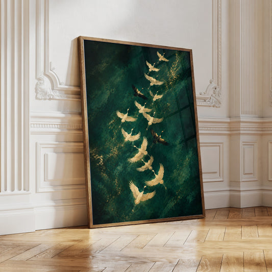 Take Flight | Emerald & Gold Crane Wall Art