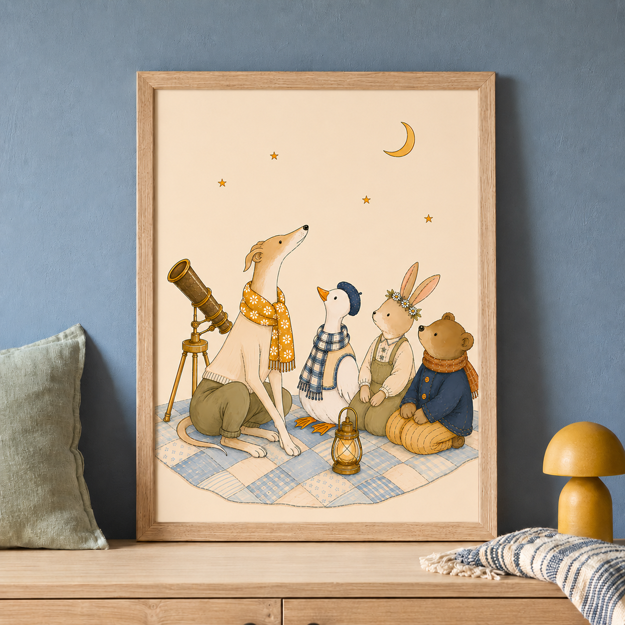 The Stargazers nursery print in a natural oak frame