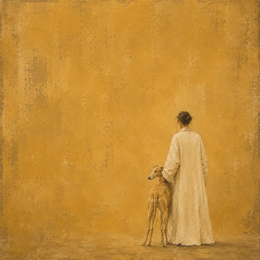 Fine art painting of a woman in a cream robe standing with her greyhound in a field of gold, seen from behind.