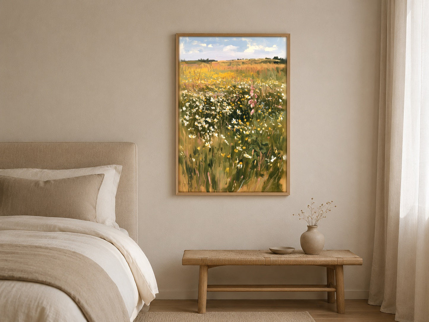 The Summer Meadow wildflower wall art, framed in a styled interior