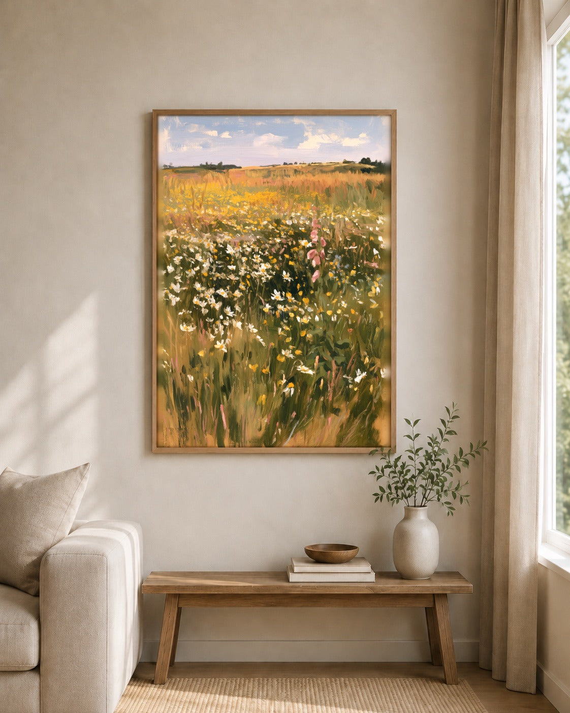 The Summer Meadow framed wall art styled on an interior wall