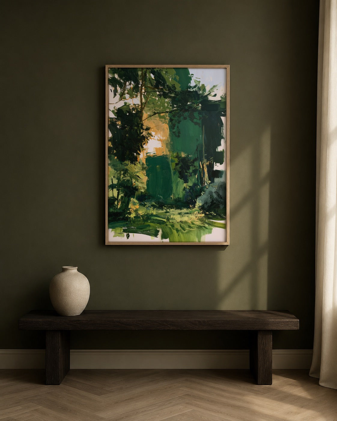 Green Passage green abstract wall art displayed in a home interior