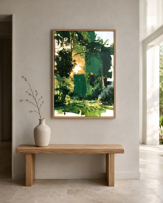 Green Passage abstract green landscape wall art, framed in a styled interior