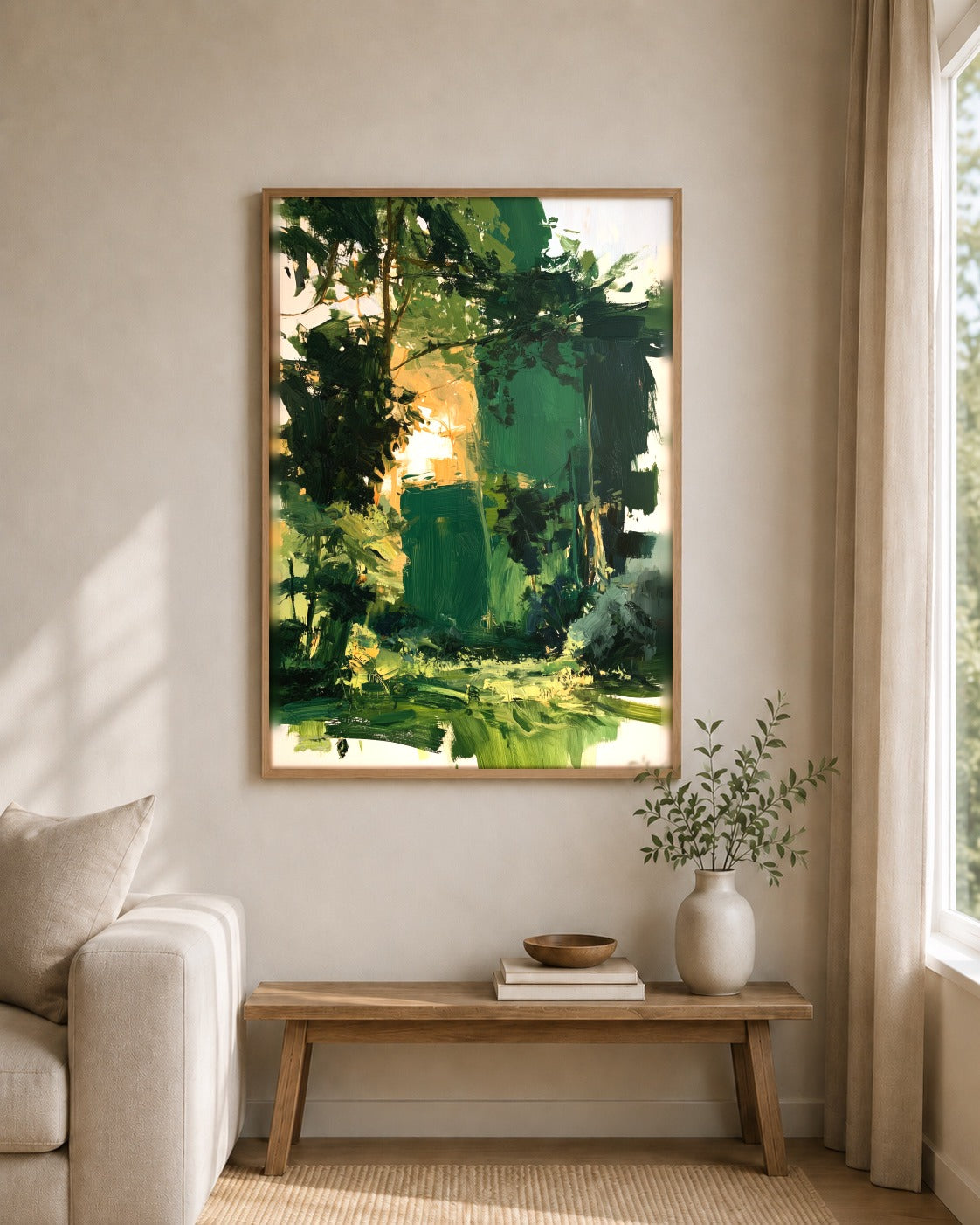Green Passage framed wall art styled on an interior wall