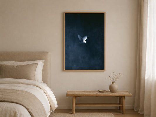The White Wing bird in flight wall art, framed in a styled interior