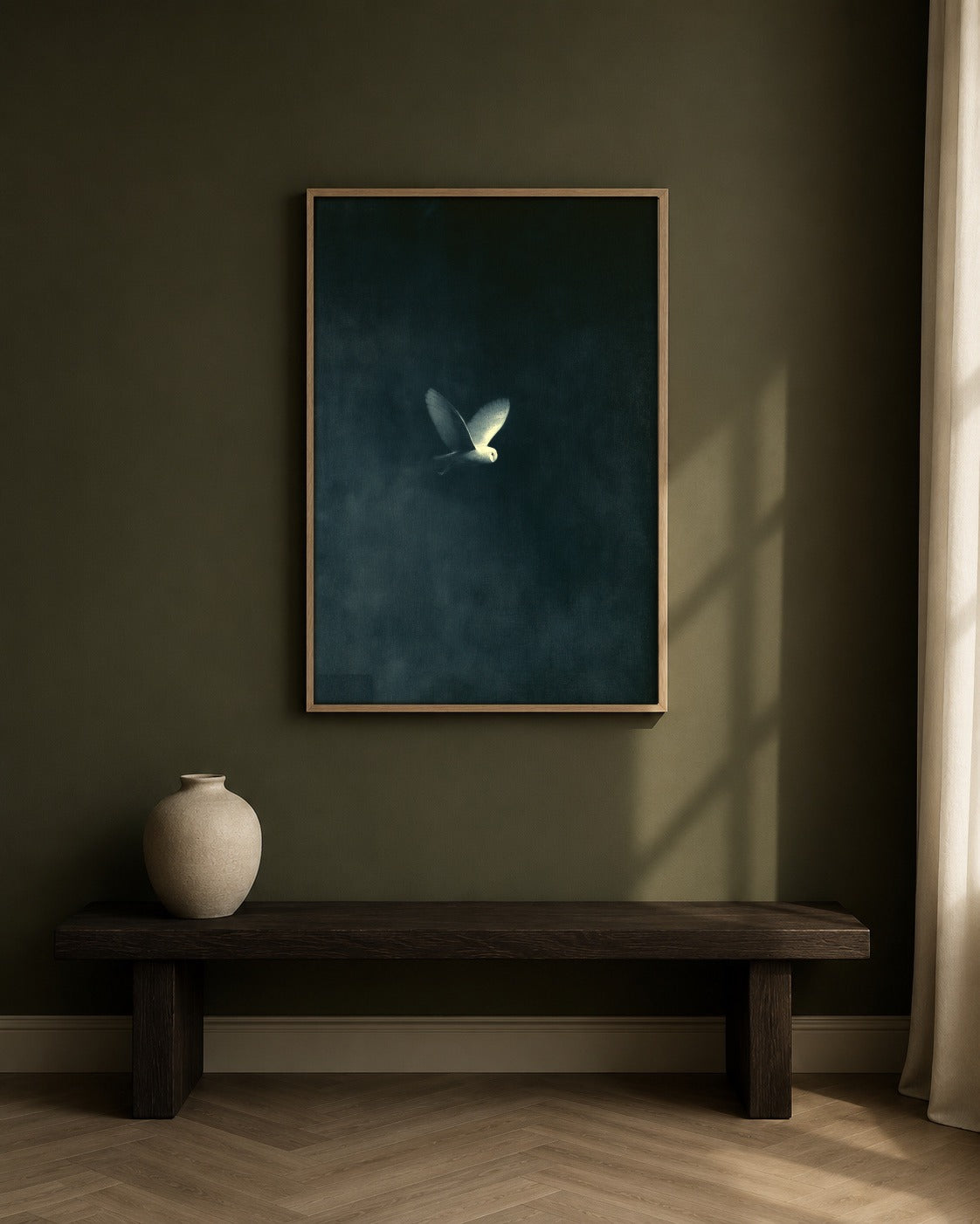 The White Wing framed bird artwork in a contemporary interior