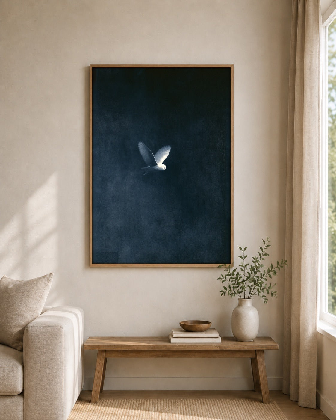 The White Wing framed wall art styled on an interior wall