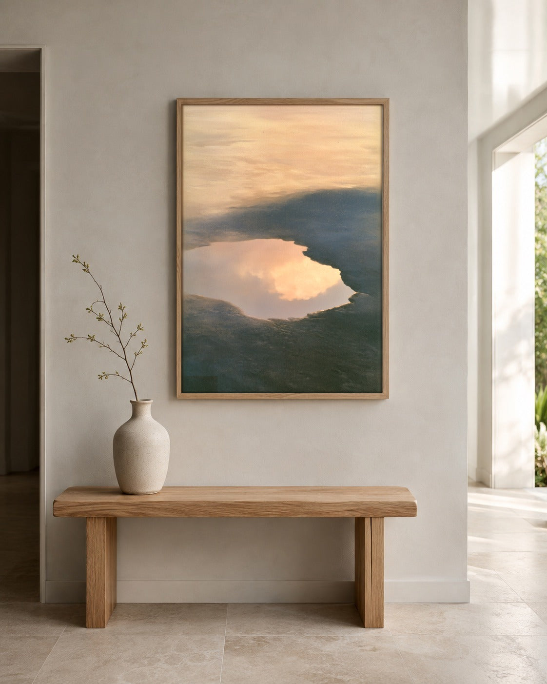 After the Tide abstract shoreline wall art displayed in a home interior
