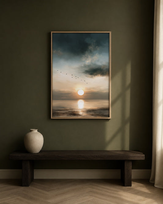 Autumn Migration sunset bird wall art, framed in a styled interior