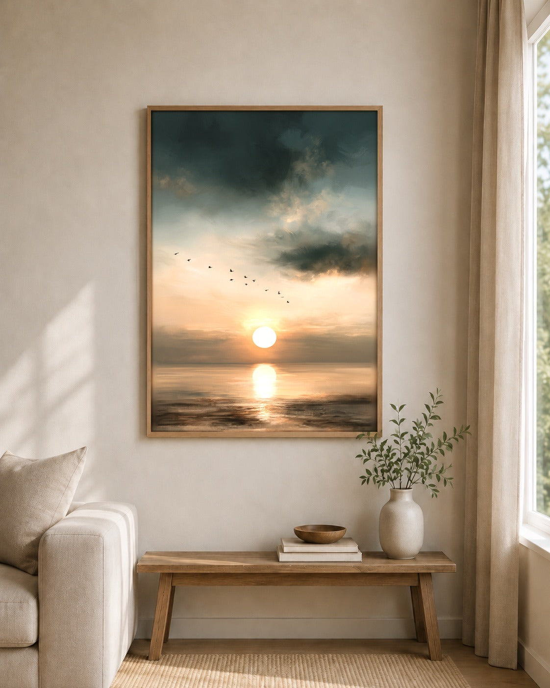 Autumn Migration framed sunset artwork in a styled room
