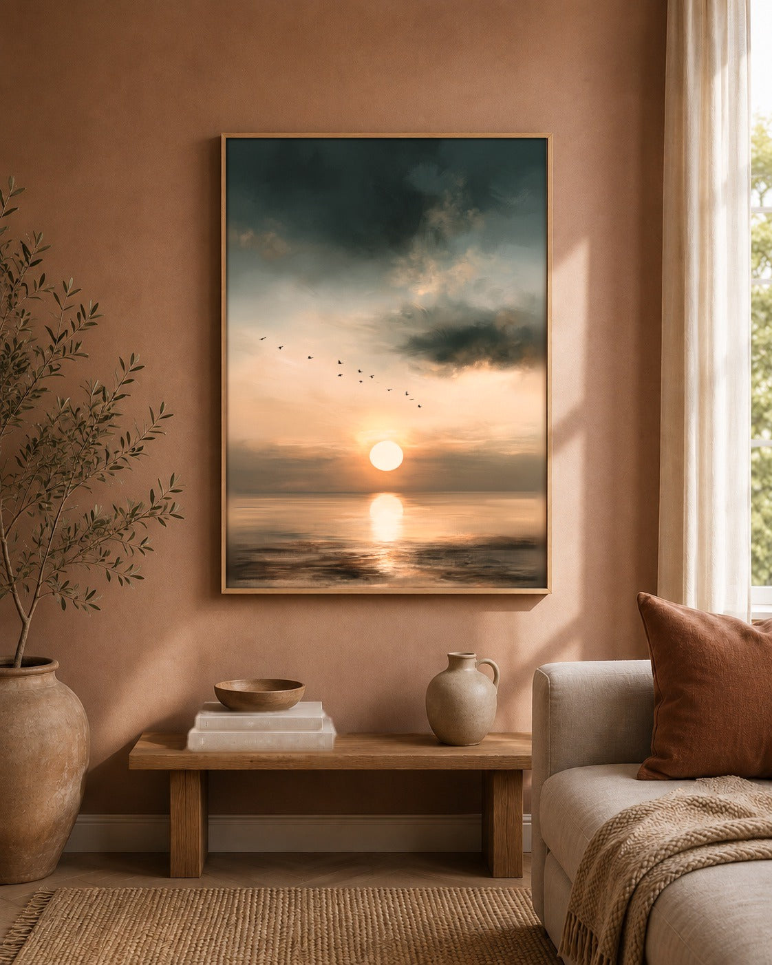 Autumn Migration sunset bird artwork in a home interior