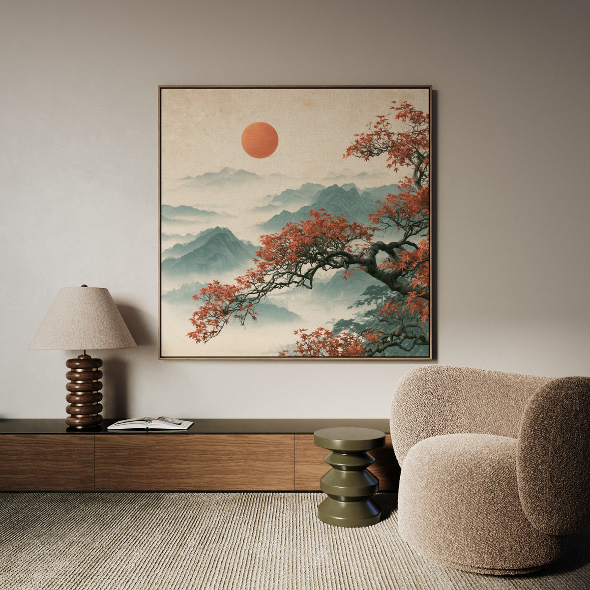 Autumn Sun square Japanese inspired landscape canvas wall art by Daisy & Co