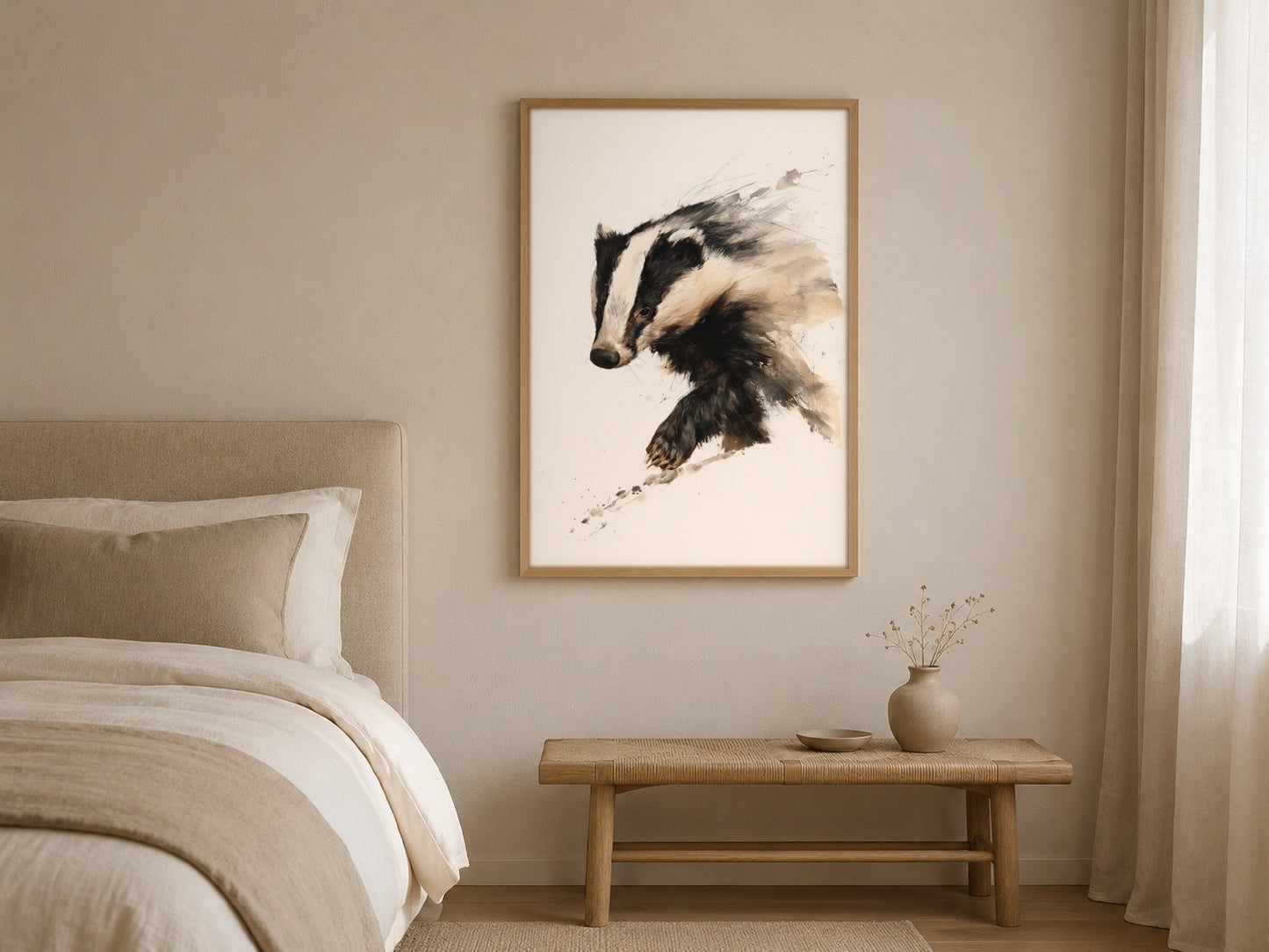 Badger watercolour wildlife print, framed in a styled interior