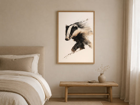 Badger watercolour wildlife print, framed in a styled interior