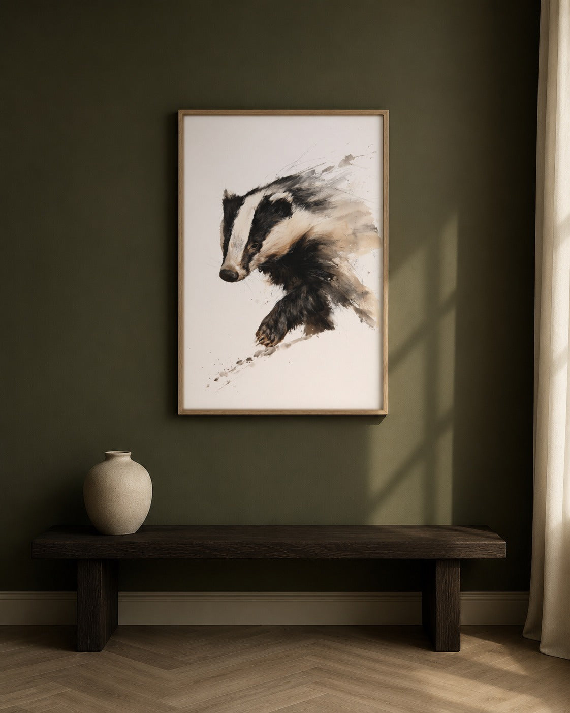 Badger framed watercolour artwork in a contemporary interior