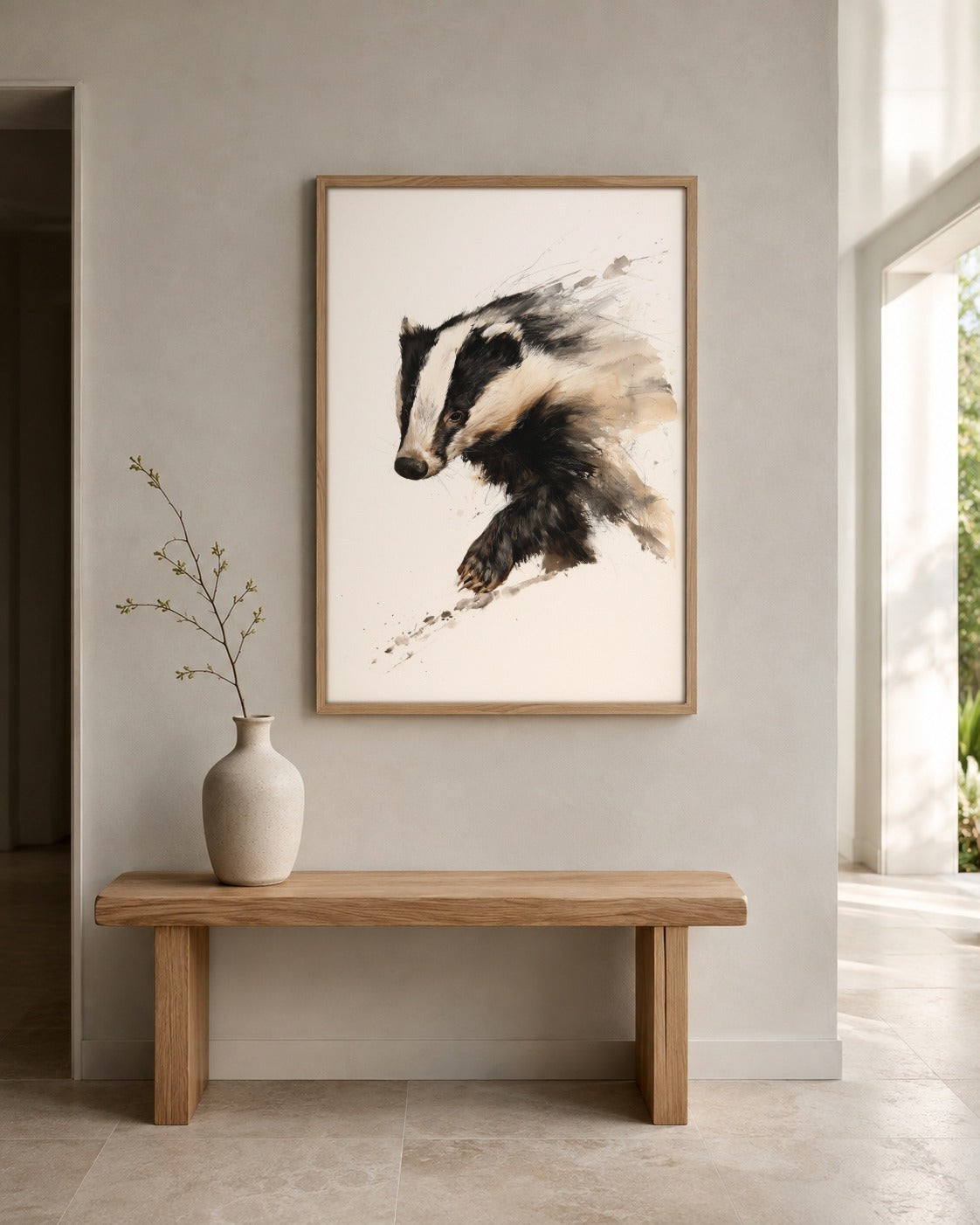 Badger wildlife wall art displayed in a home interior