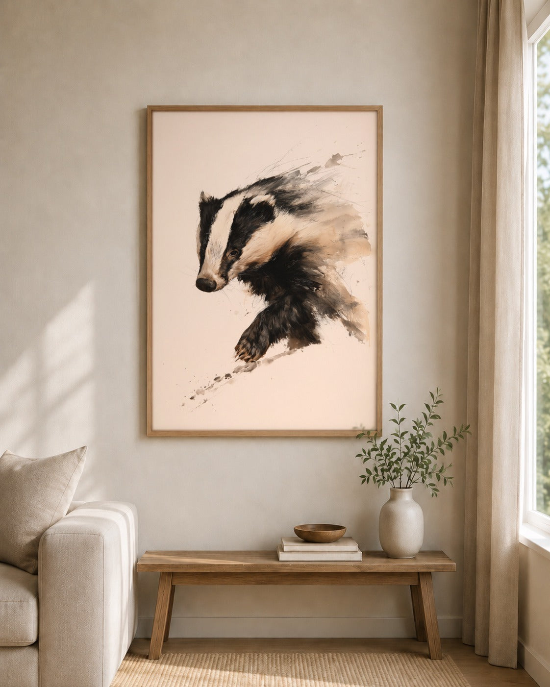 Badger framed wall art styled on an interior wall