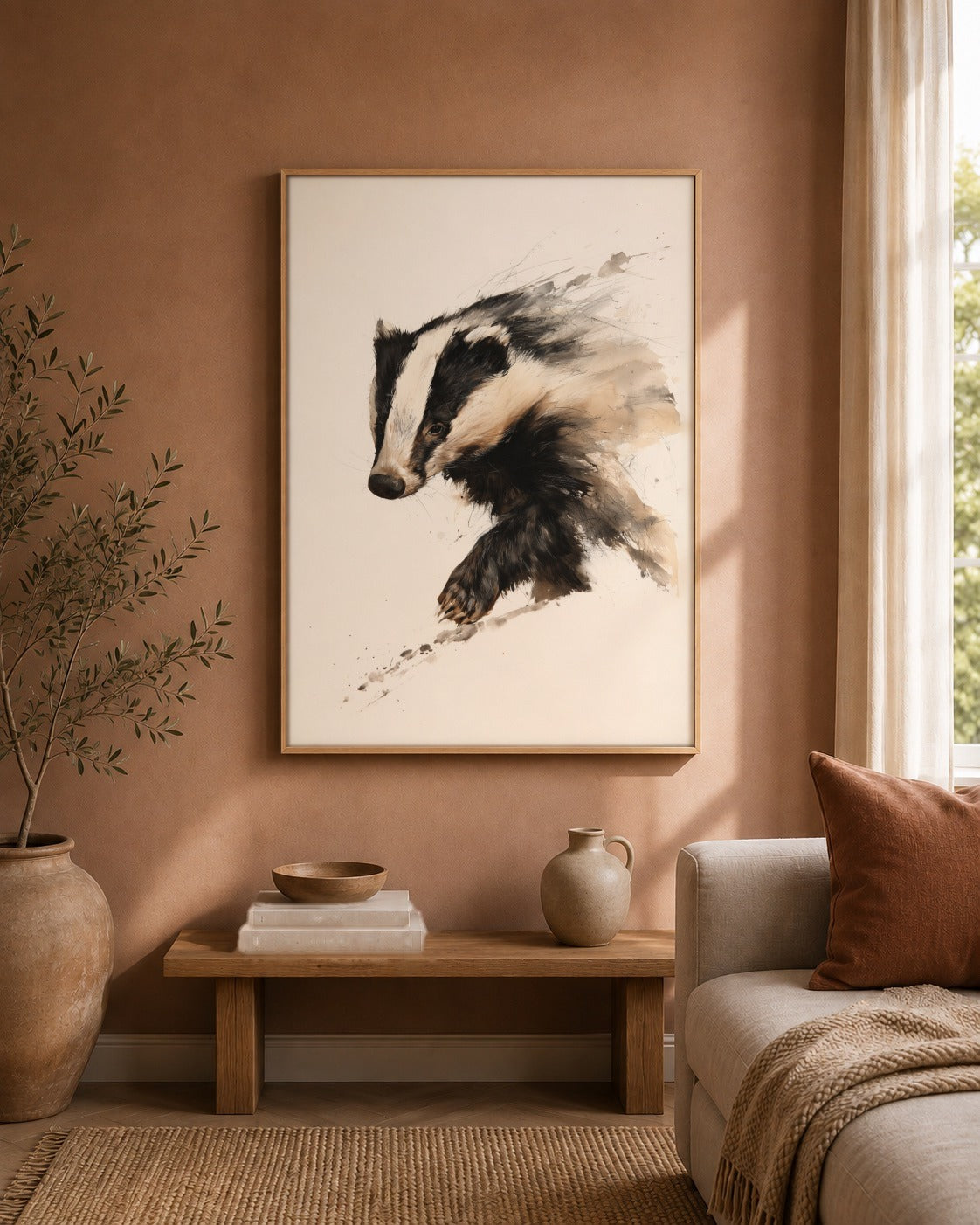 Badger watercolour wildlife artwork interior view