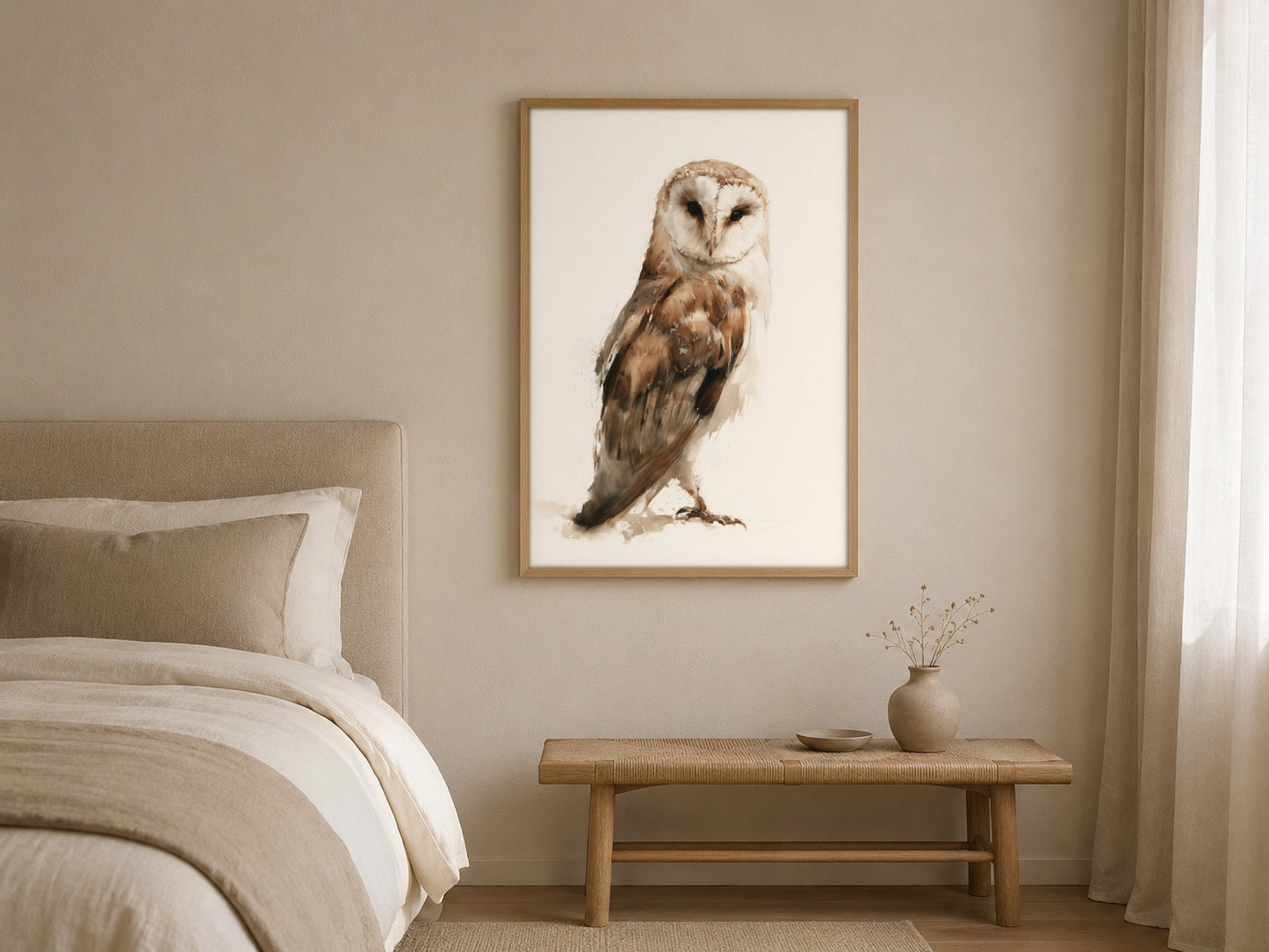 Barn Owl framed watercolour artwork in a contemporary interior