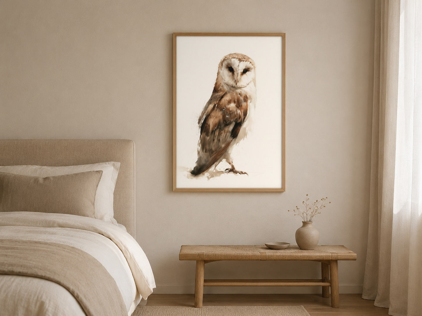 Barn Owl framed watercolour artwork in a contemporary interior