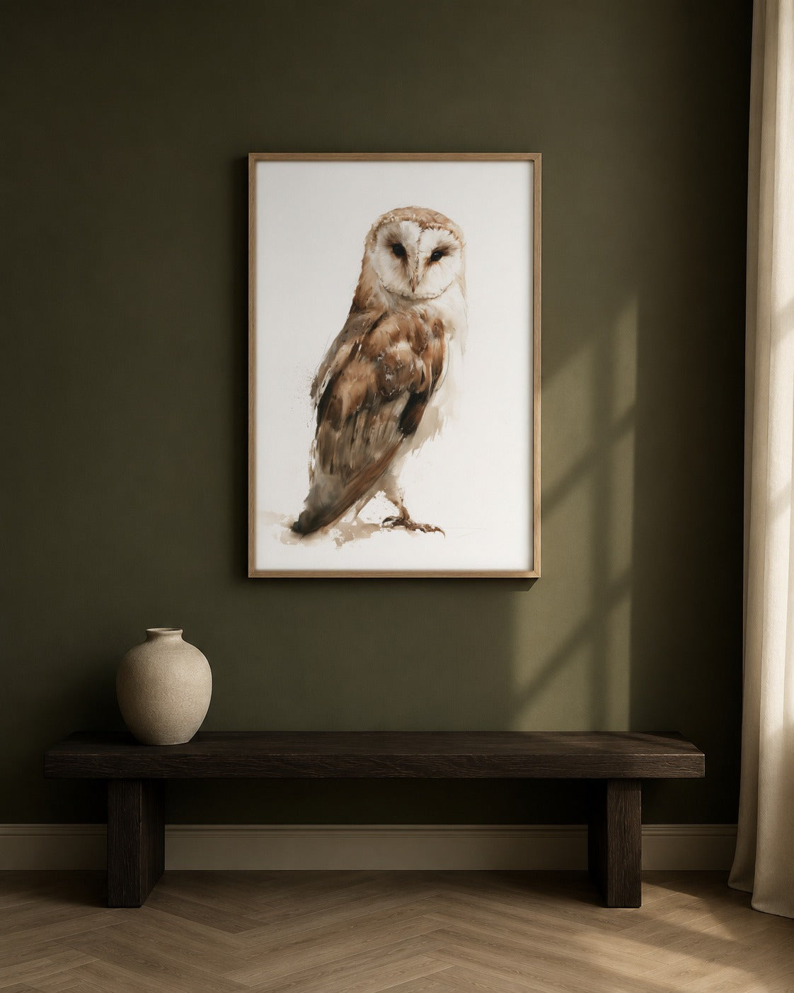 Barn Owl watercolour wildlife print, framed in a styled interior