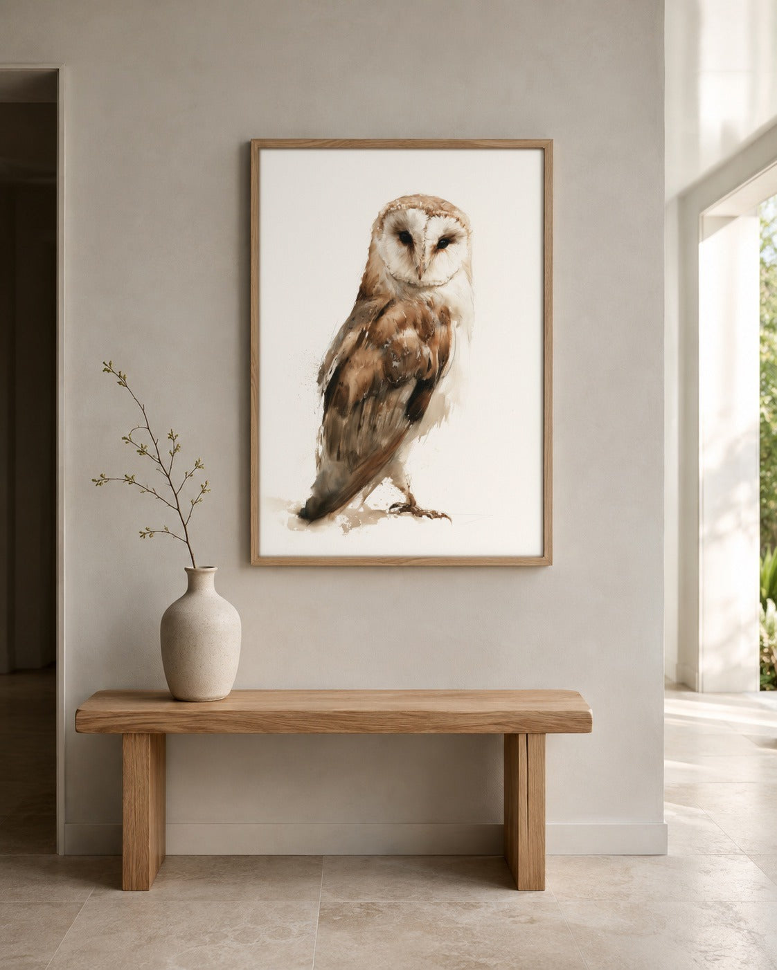 Barn Owl bird wall art displayed in a home interior