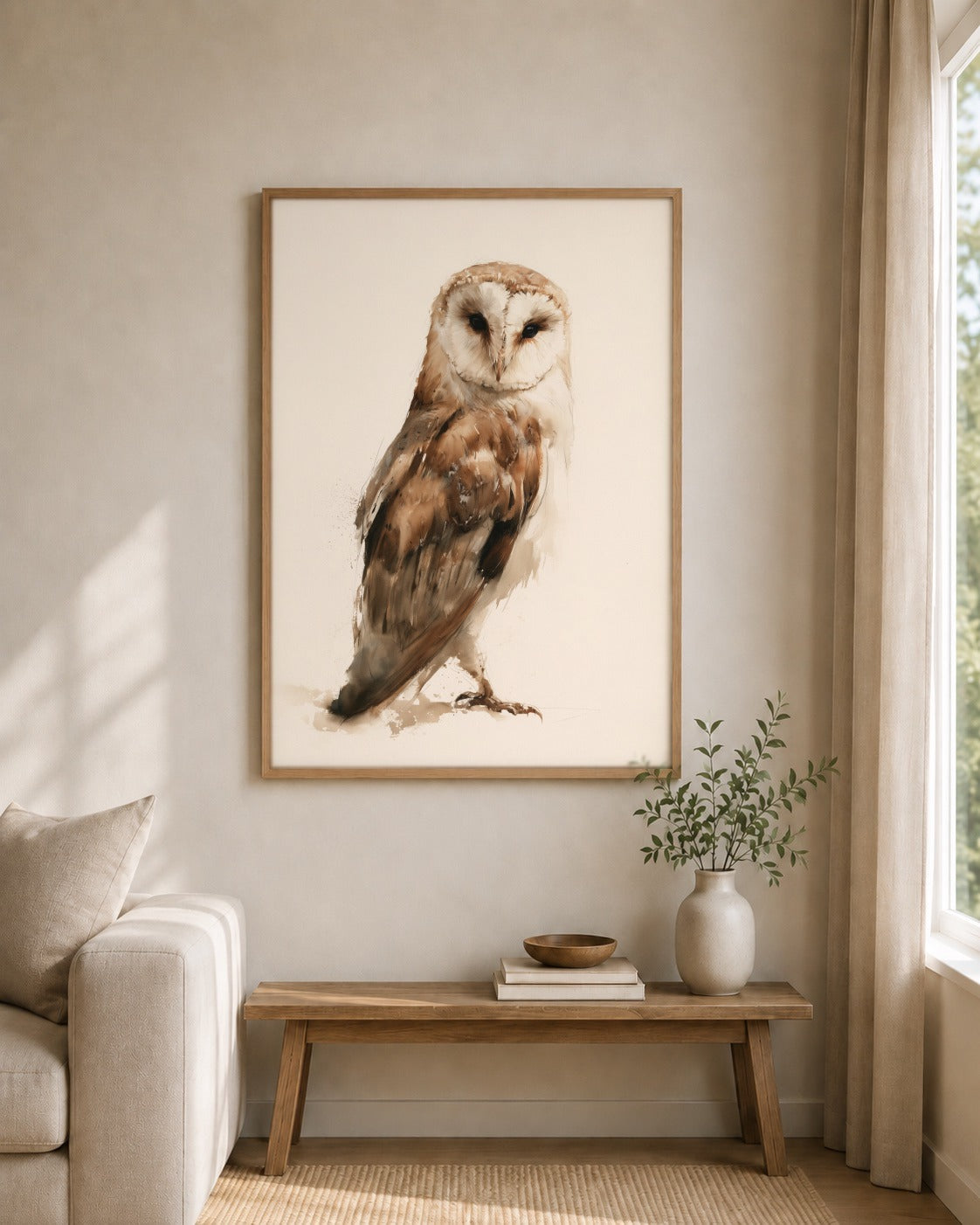 Barn Owl framed wall art styled on an interior wall