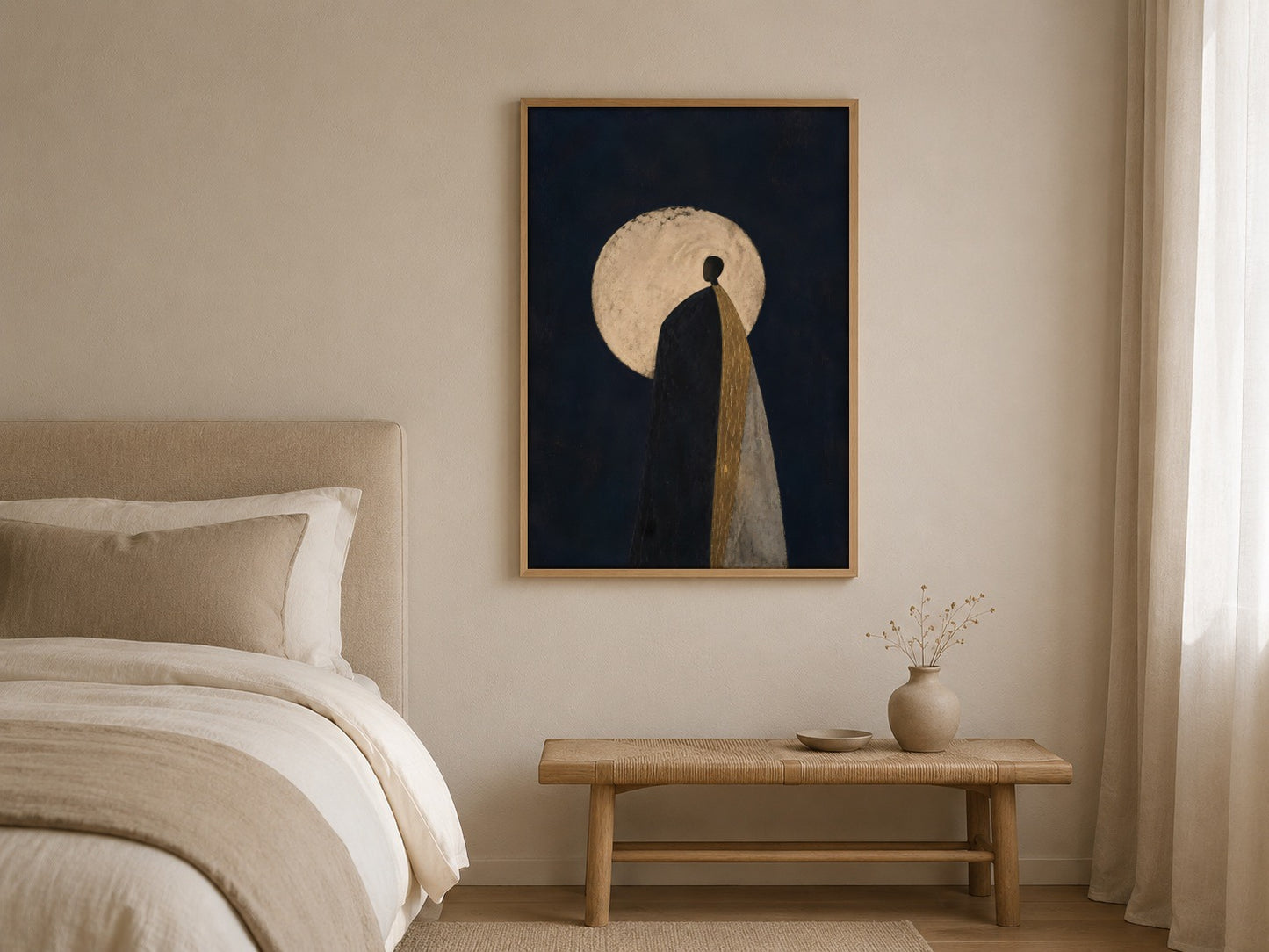 Blue Moon moon wall art, framed in a styled interior