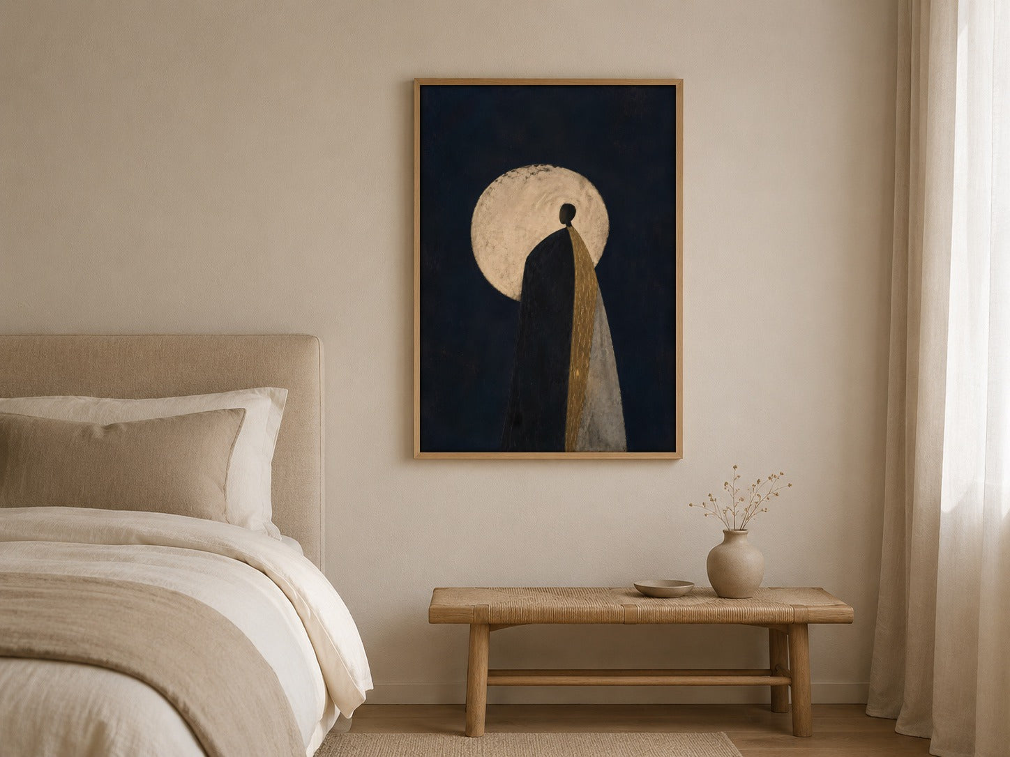 Blue Moon moon wall art, framed in a styled interior