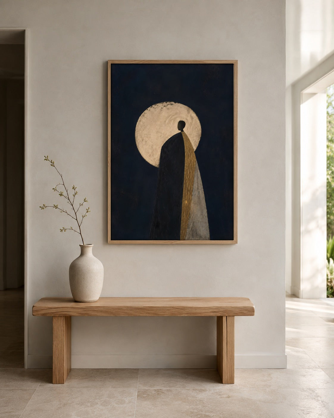 Blue Moon faceless figure and moon wall art displayed in a home interior