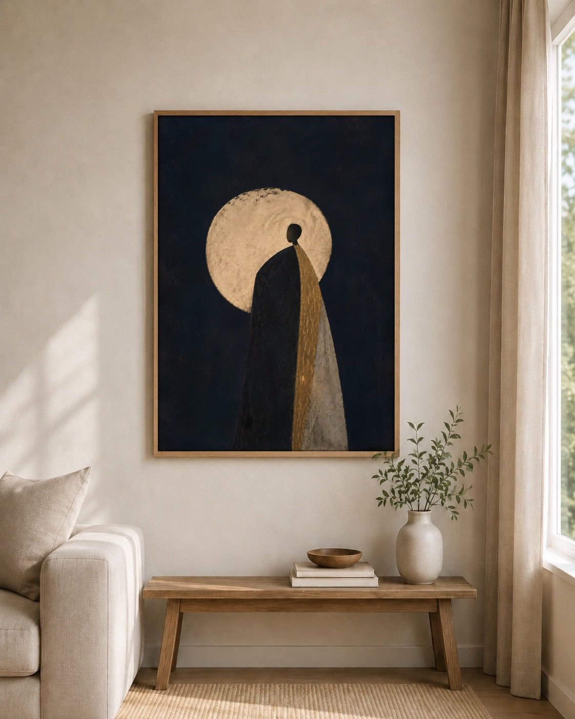 Blue Moon framed wall art styled on an interior wall