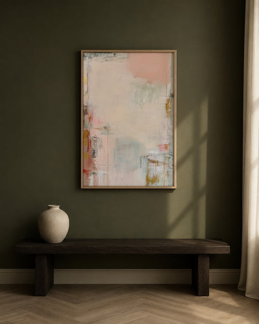 Soft Passage blush neutral abstract wall art, framed in a styled interior
