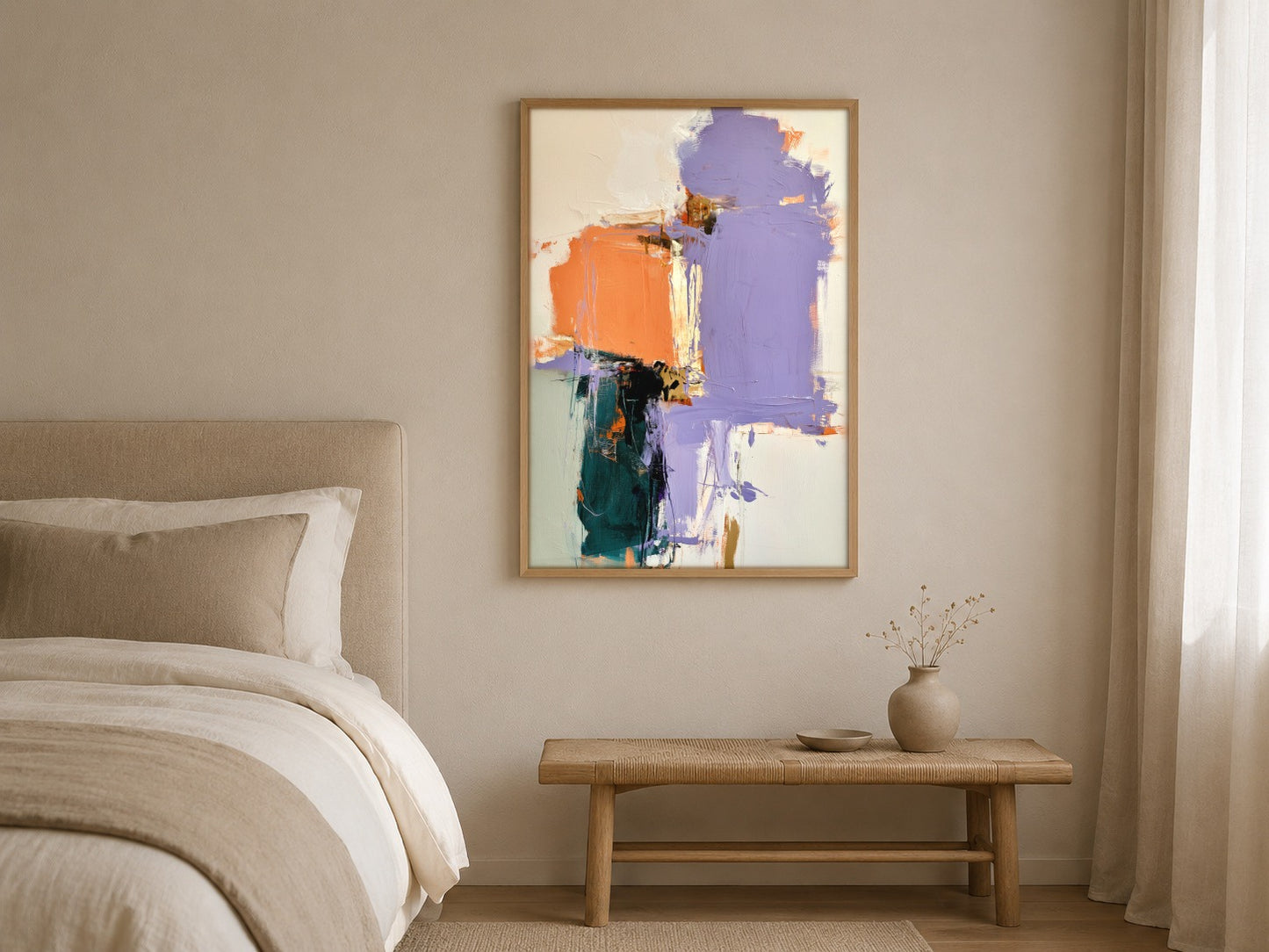 Lilac and Ember colourful abstract wall art, framed in a styled interior