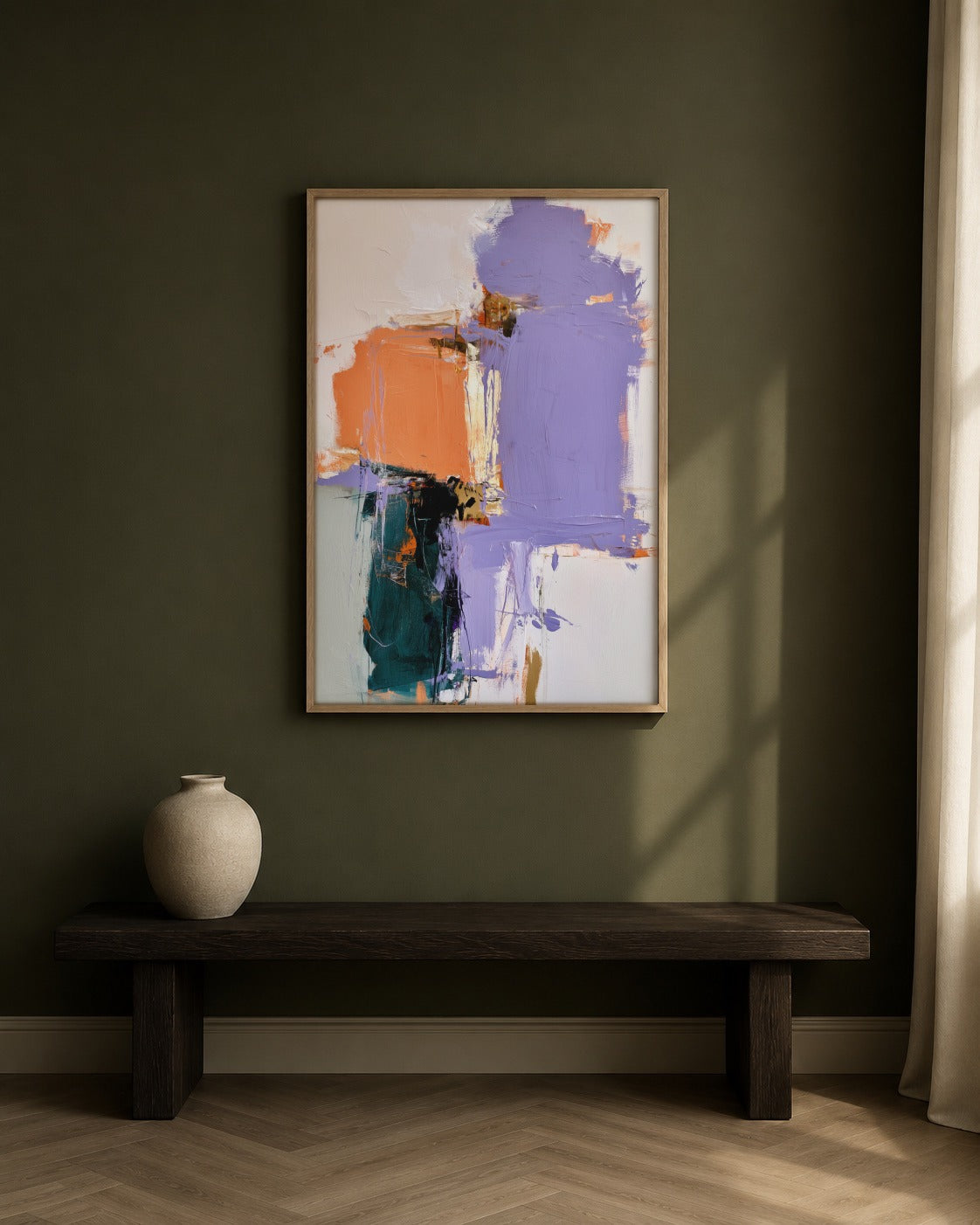 Lilac and Ember framed abstract artwork in a contemporary interior