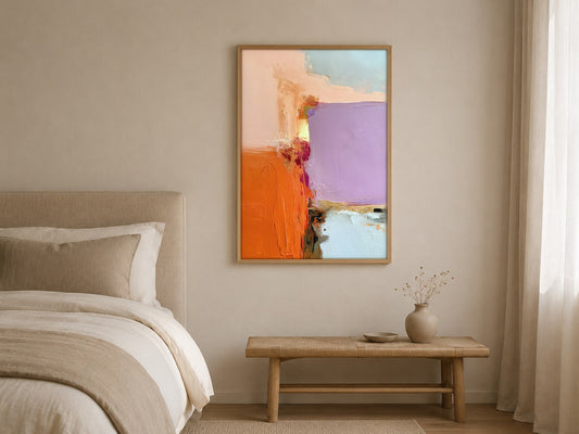 Lilac Divide colourful abstract wall art, framed in a styled interior