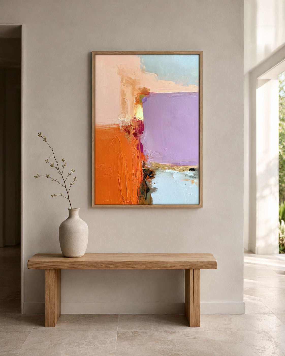 Lilac Divide lilac and orange wall art displayed in a home interior