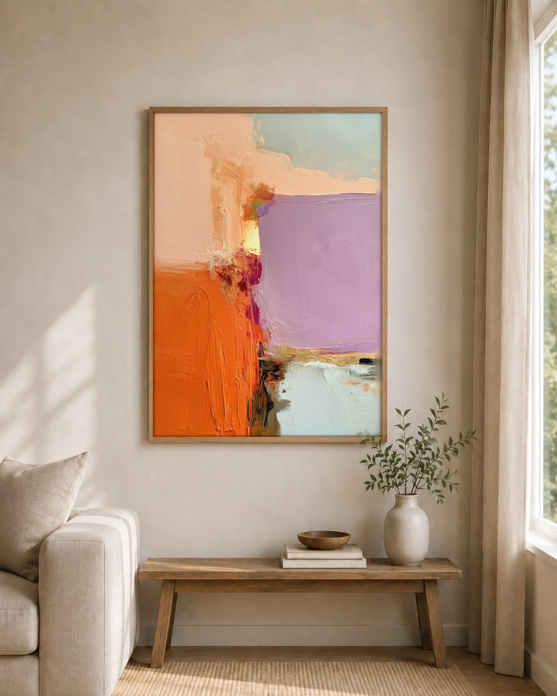 Lilac Divide framed wall art styled on an interior wall