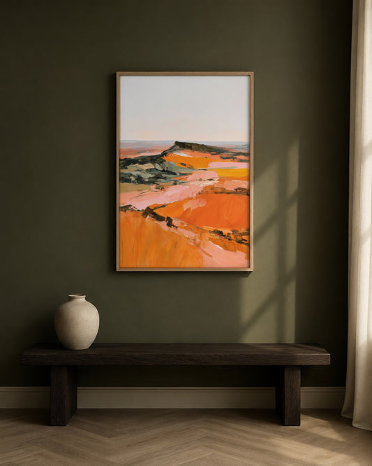 The Orange Fields orange landscape wall art, framed in a styled interior