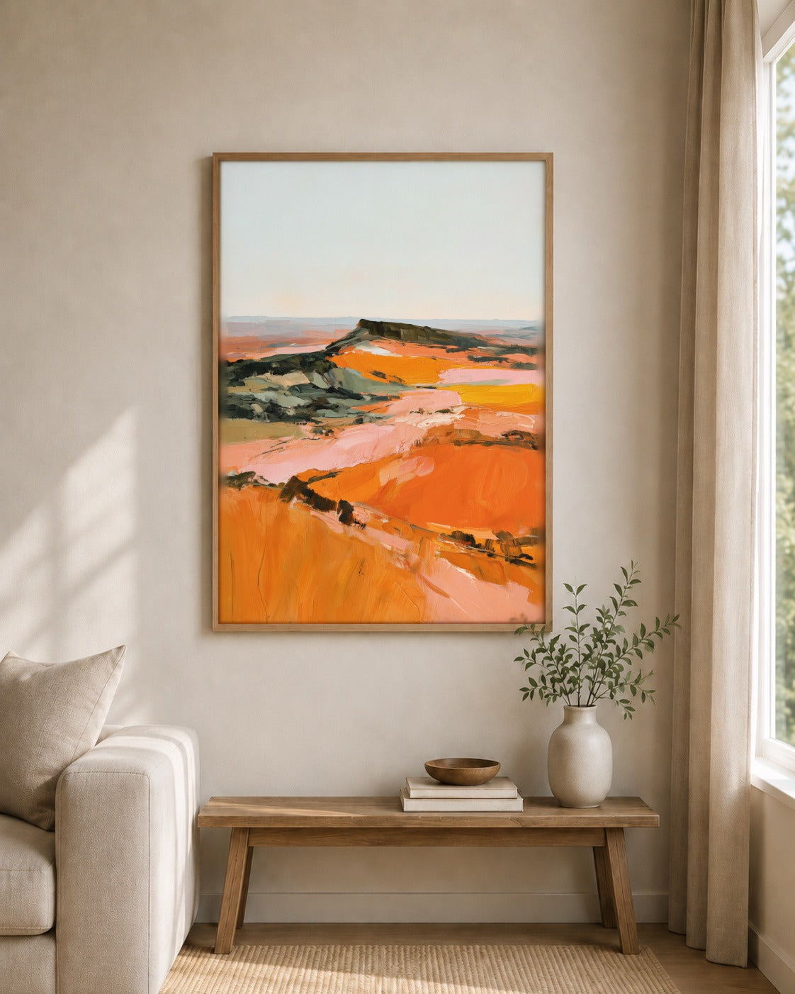 The Orange Fields orange wall art displayed in a home interior