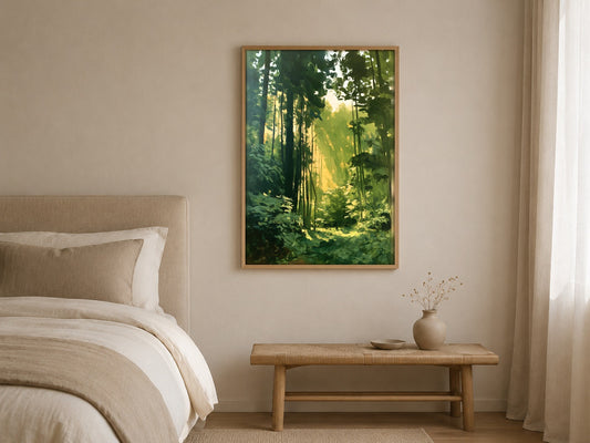The Green Path woodland wall art, framed in a styled interior
