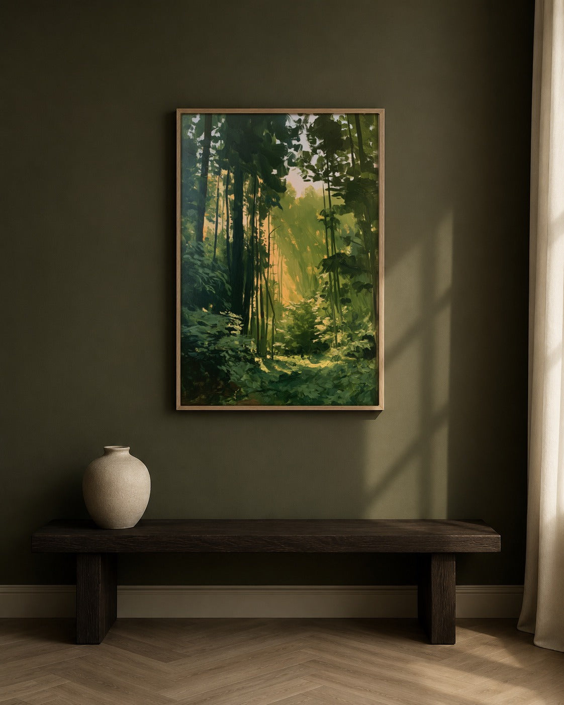 The Green Path framed woodland artwork in a contemporary interior