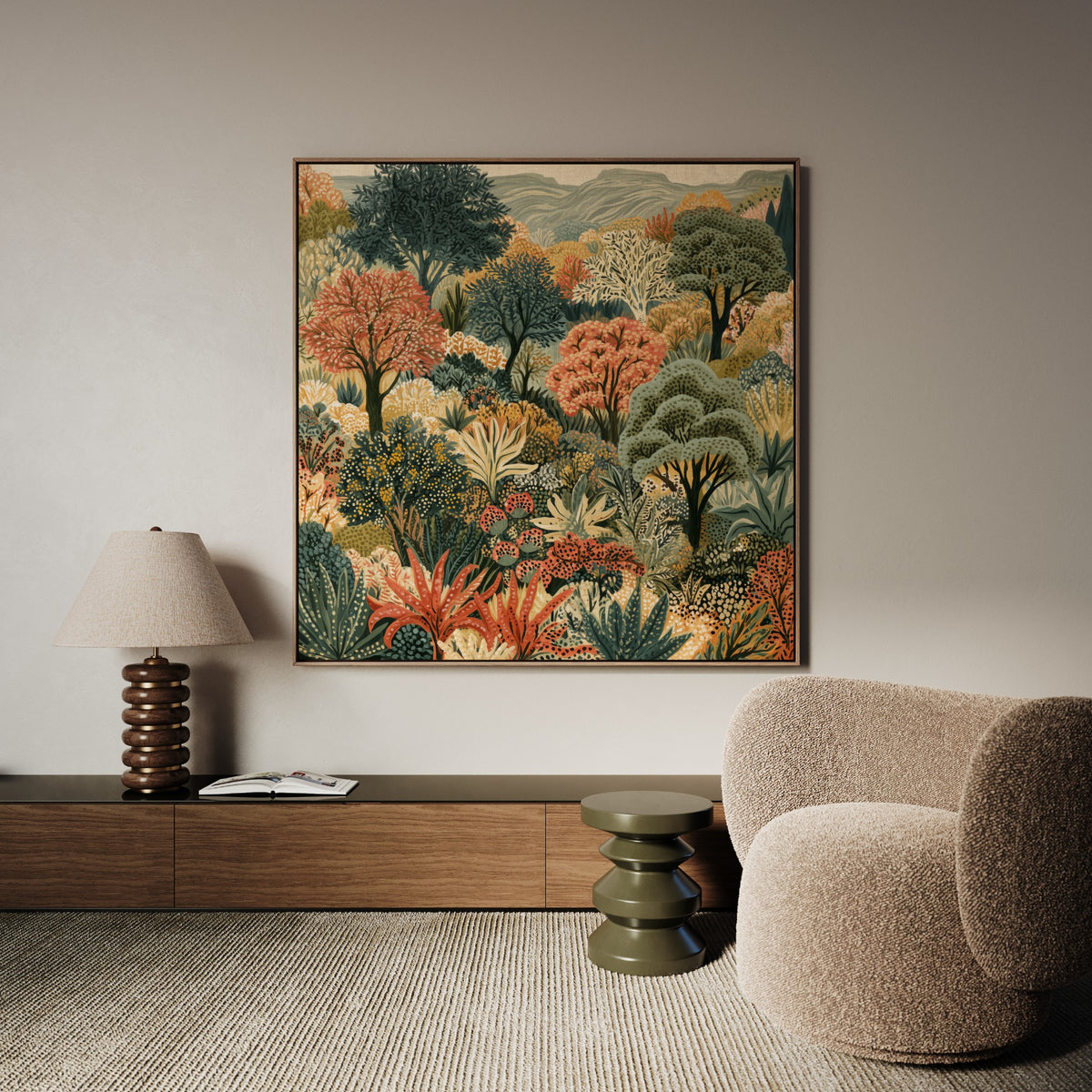 Botanical Hills colourful square woodland canvas wall art by Daisy & Co