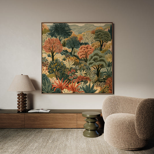 Botanical Hills colourful square woodland canvas wall art by Daisy & Co