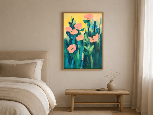 Coral Poppies colourful floral abstract wall art, framed in a styled interior