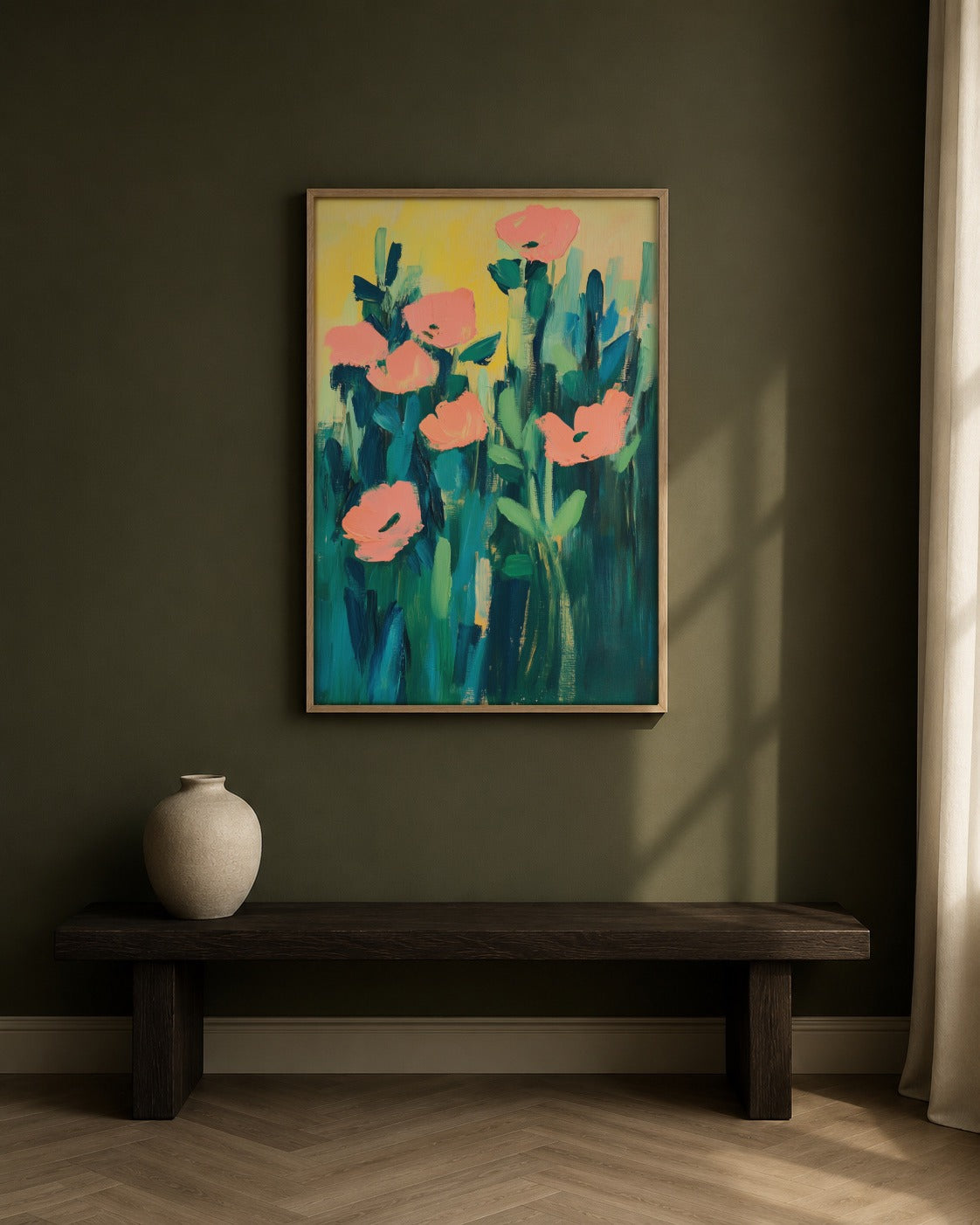 Coral Poppies framed floral artwork in a contemporary interior