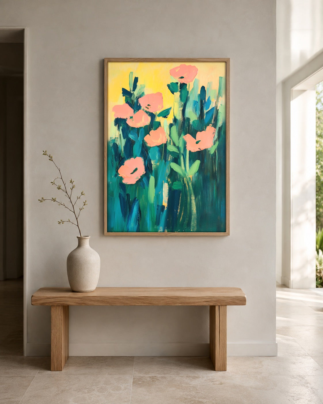 Coral Poppies floral abstract wall art displayed in a home interior
